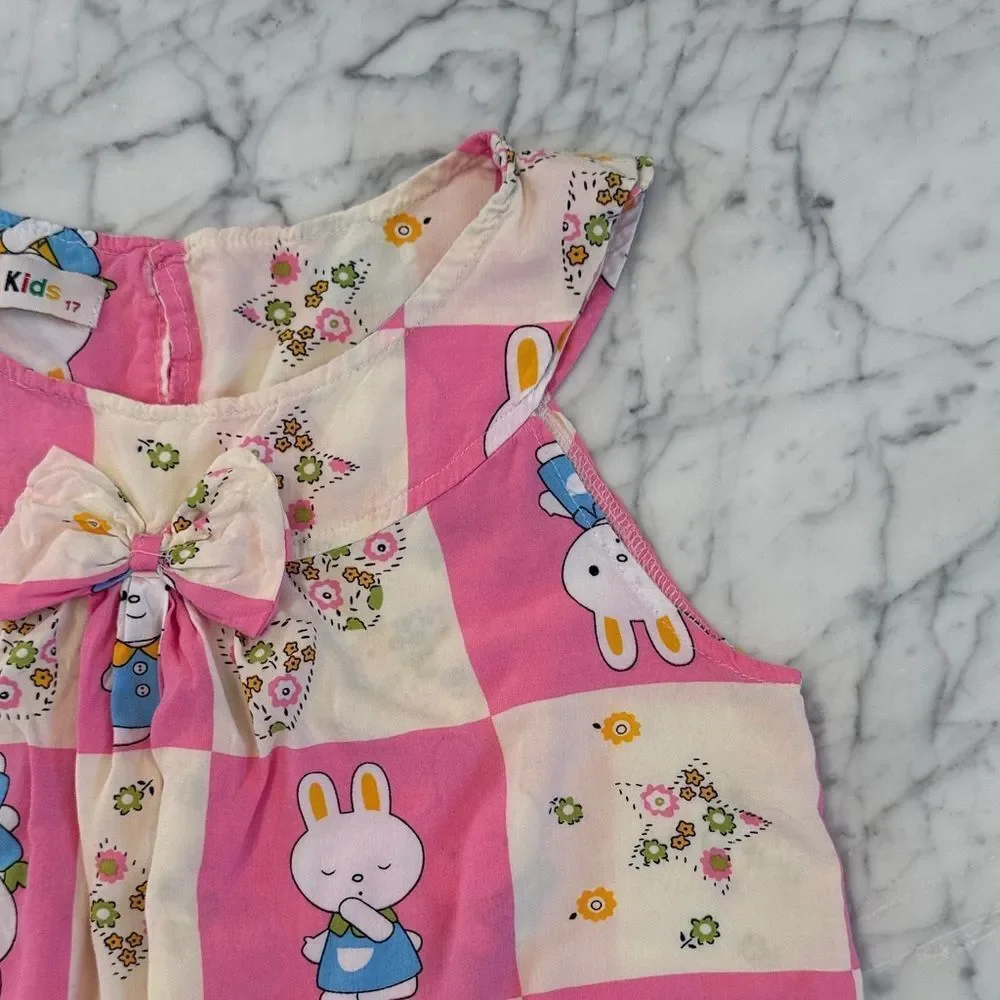 Pink and Cream Bunny Print Dress Girls 5/6Y Dress Women’s XS Top
